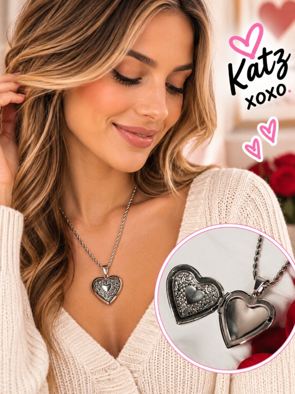Silver Heart Photo Locket Necklace Stainless Steel Vintage Floral Keepsake 24"